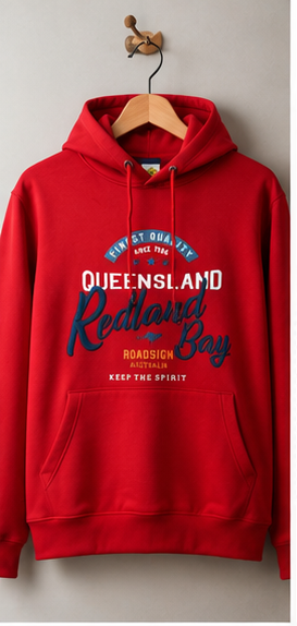 Red Queensland Redland Bay pullover hoodie with printed graphic