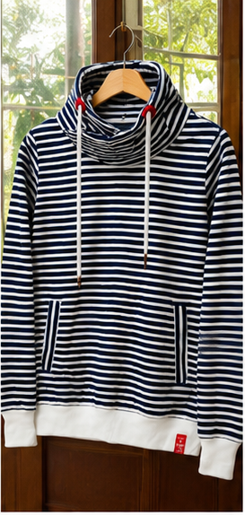 Navy and white striped pullover hoodie with cowl neck