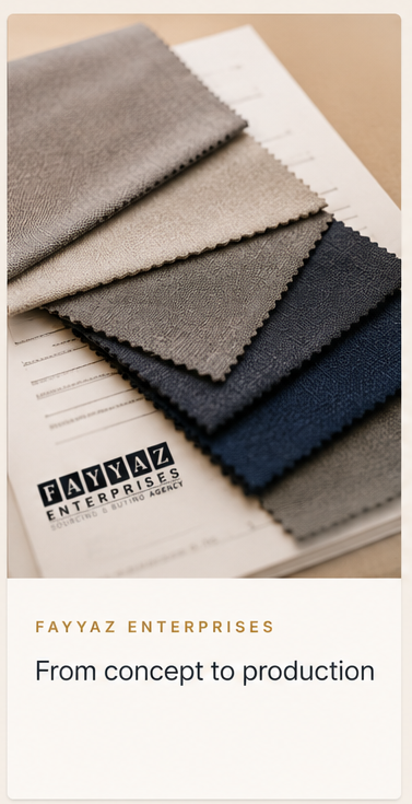 Fabric swatches on a Fayyaz Enterprises spec sheet